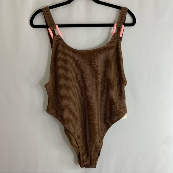 NWT Aerie Crinkle Birthday Scoop Cheekiest One Piece Brown Swimsuit, size L - Picture 3 of 9